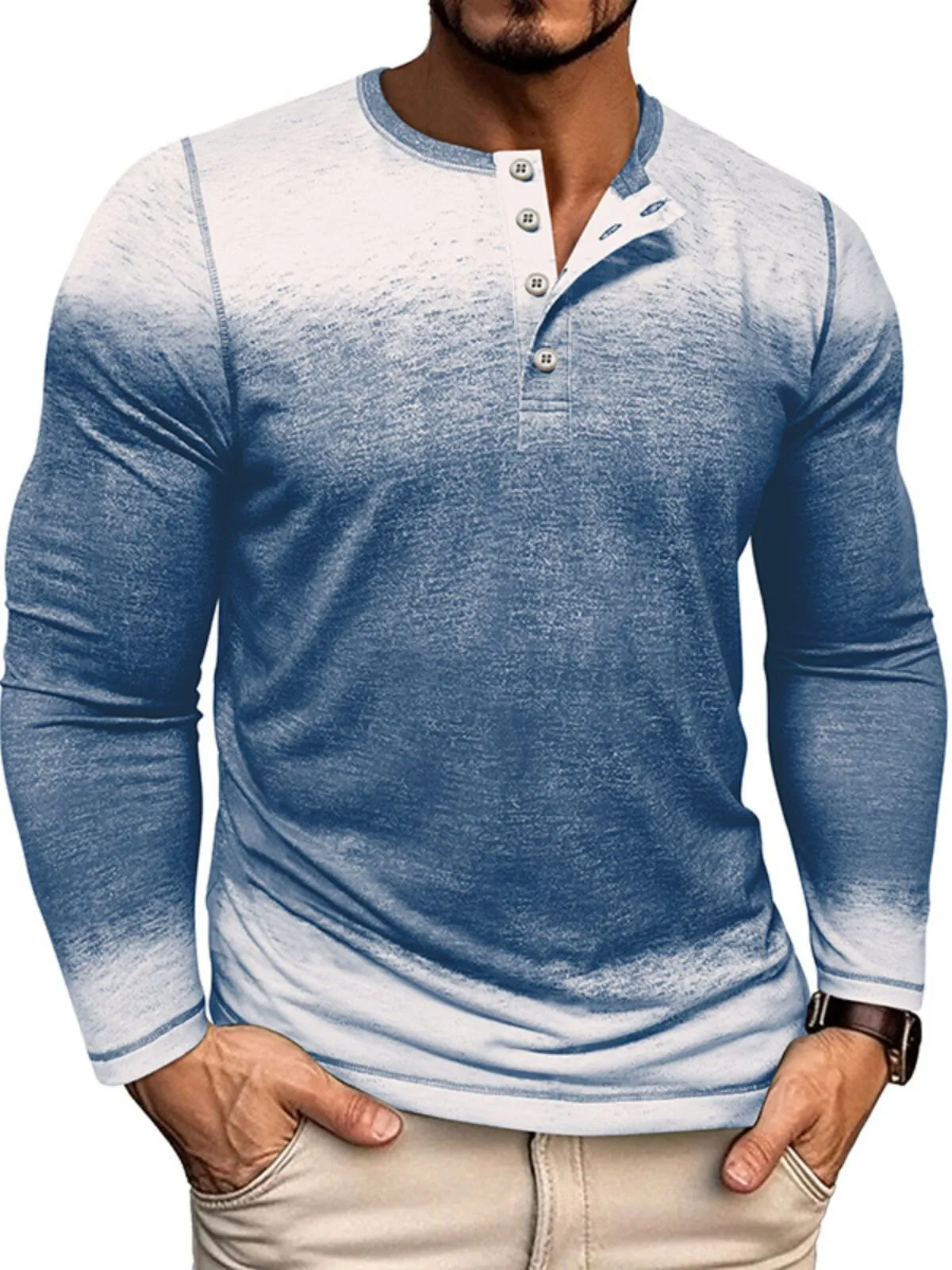 Men's Henley Shirt Autumn and Winter New Round Neck Retro Printed Three-button Casual Loose Versatile Top, 1 of 3