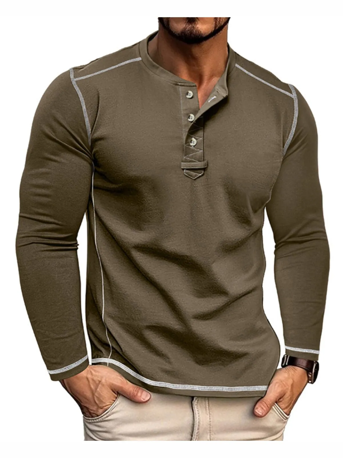 Men's Button T-shirt Henley Shirt Tee Long Sleeve Henley Spring & Fall Color Block Basic Patchwork Vacation Street Going out, 1 of 3