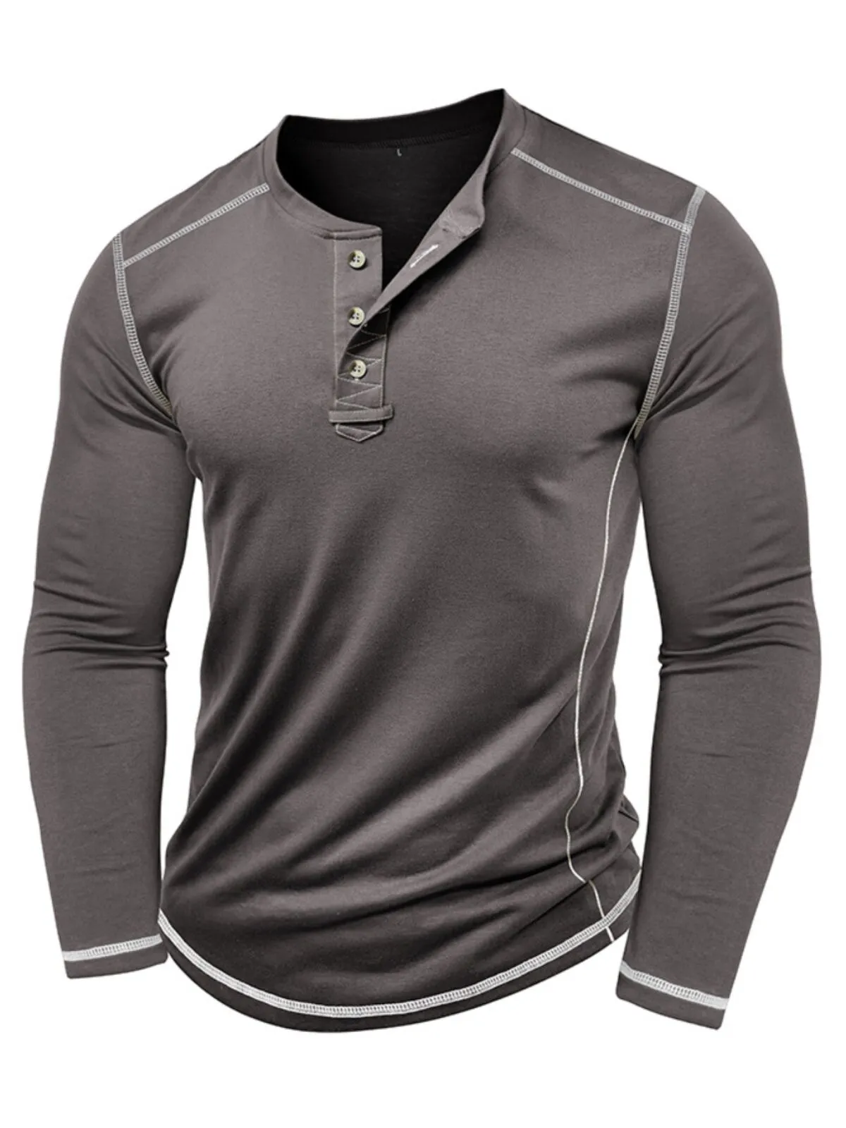 Men's Henley Shirt Casual Outdoor Cotton Autumn and Winter Slim Round Shirt Long Sleeves Solid Color Casual Button Pullover, 1 of 3