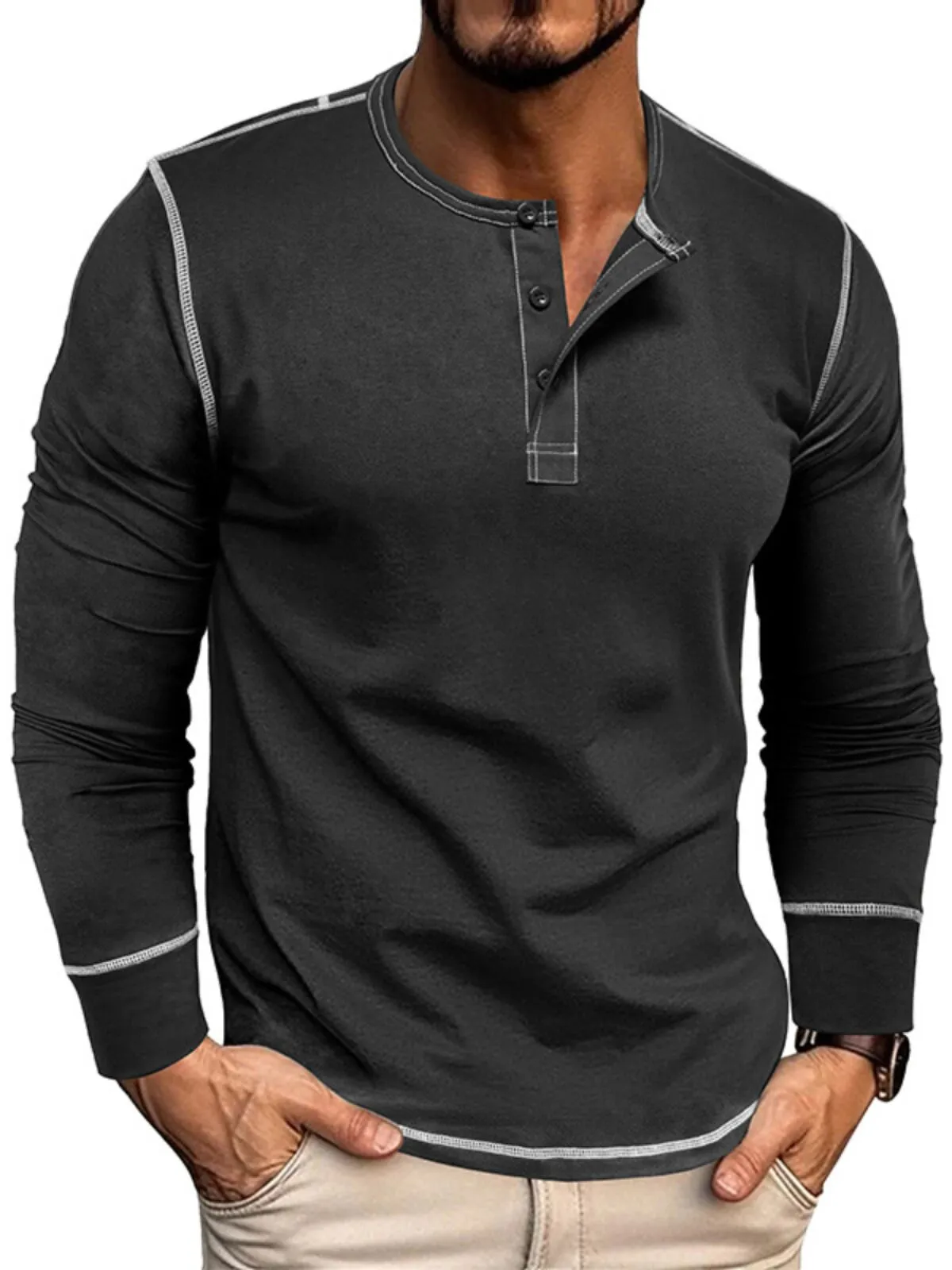 Men's Henley Shirt Autumn and Winter Slim Round Leisure Outdoor Cotton Solid Color Casual Button Pullover, 1 of 3