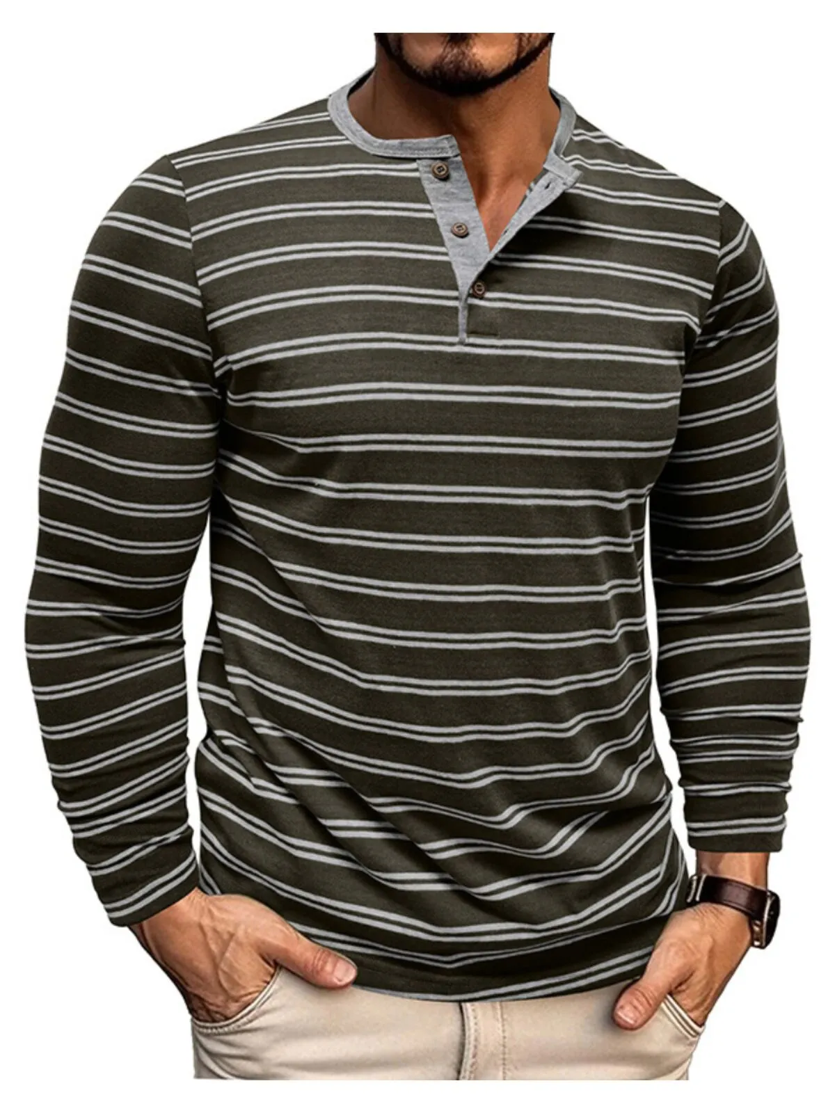 Men's Henley Shirt Button Long Sleeve Henley Spring and Fall Striped Fashion Designer Basic Buttons Vacation Street Going Out Tee, 1 of 3