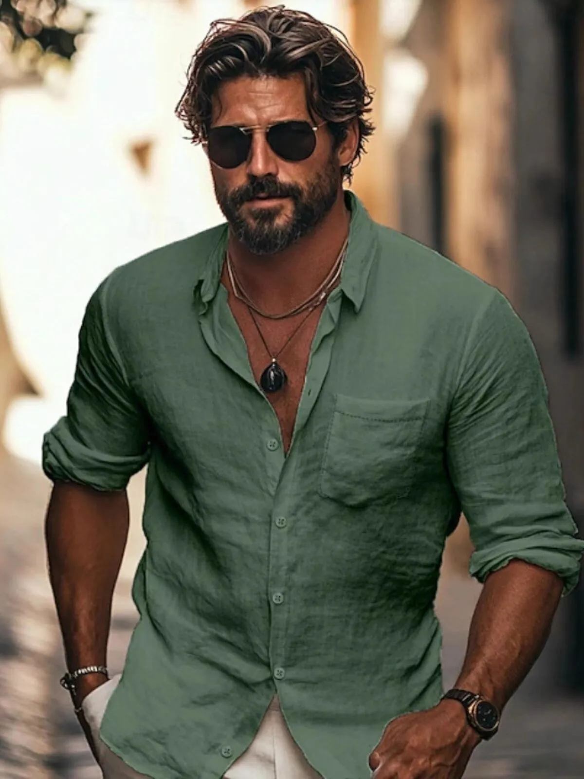 Men's Solid Pocket Lapel Shirt Linen Shirt Button Up Shirt Outdoor Street, 1 of 1