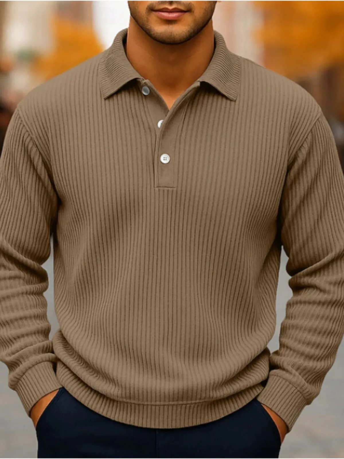 Men's Polo Shirt Casual Sports Design Long Sleeve Fashion Basic Solid Color With Textures Buttons, 1 of 2