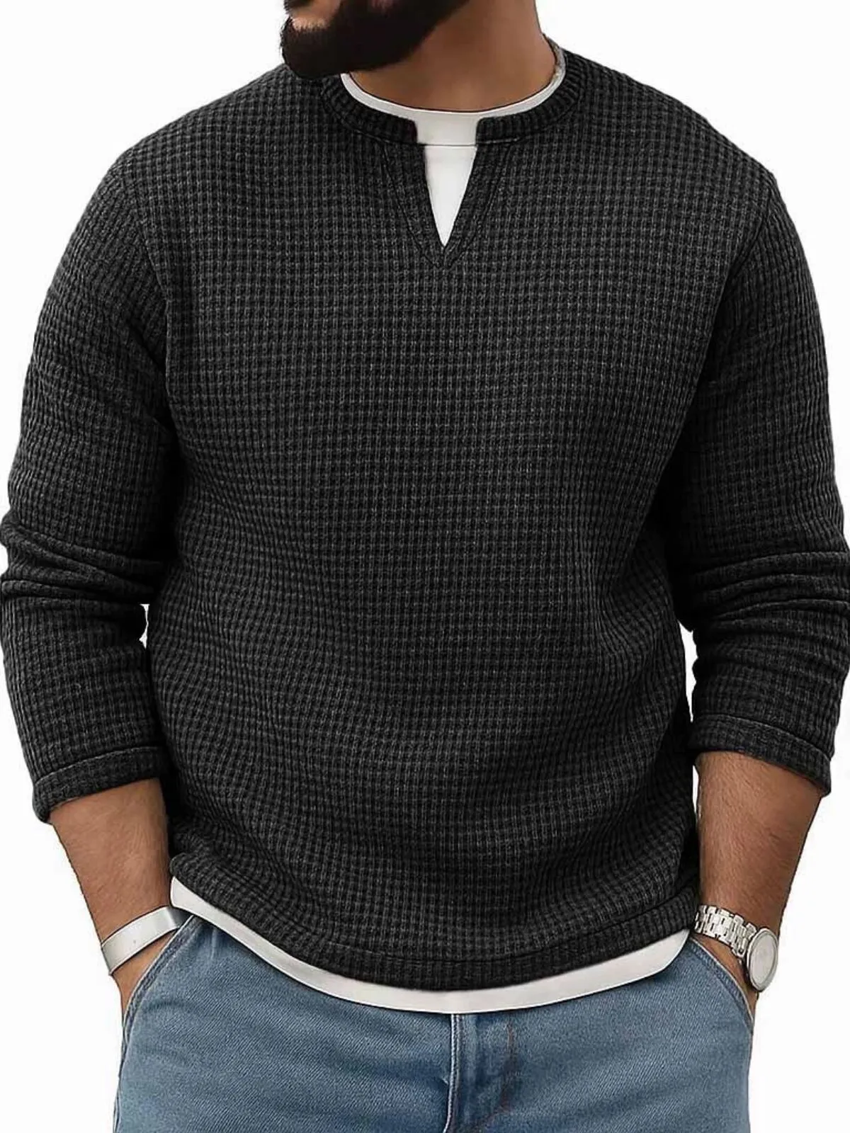 Men's Henley Shirt Everyday Waffle Fake Two-Piece Casual Pocket Long Sleeve Shirt, 1 of 1