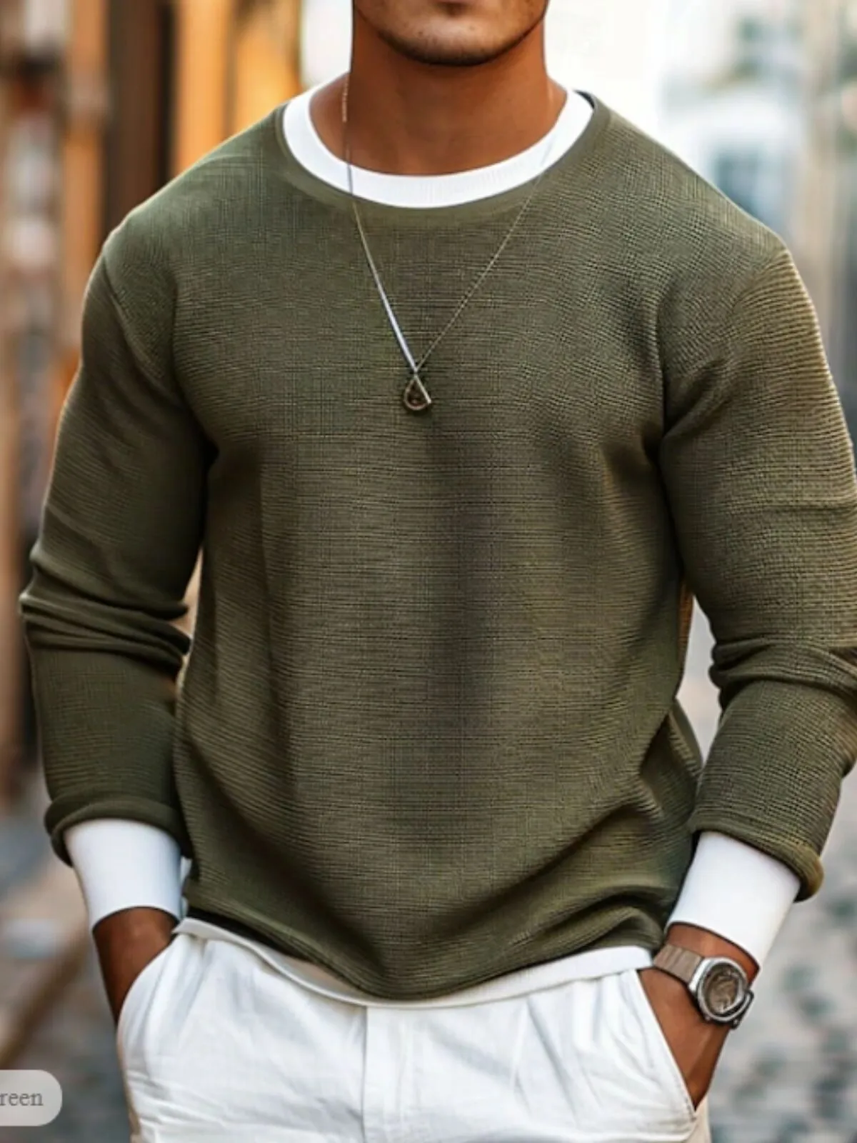 Men's Sweatshirt Waffle CrewNeck Spring & Fall Plain Designer Basic Fashion Fake Two Piece Vacation Street Going Out Top, 1 of 7