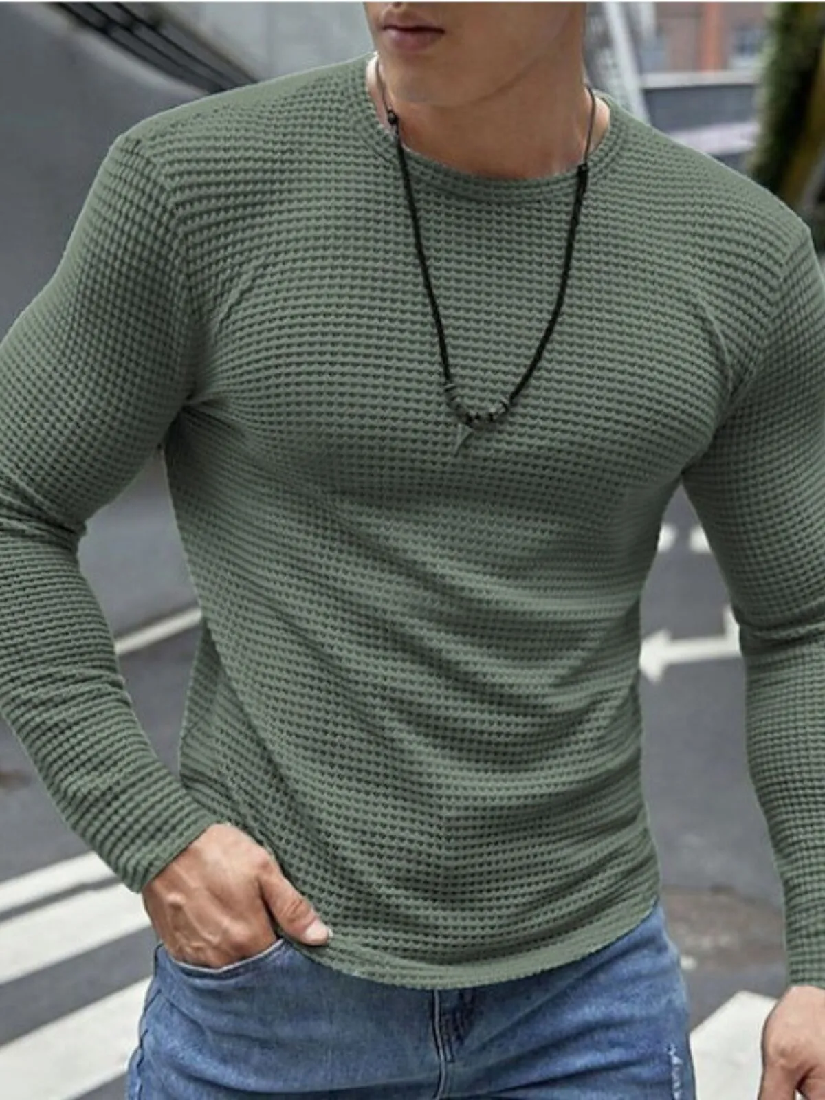 Men's Sweatshirt Waffle Shirt CrewNeck Spring & Fall Plain Fashion Designer Basic Vacation Street Going Out Top, 1 of 8