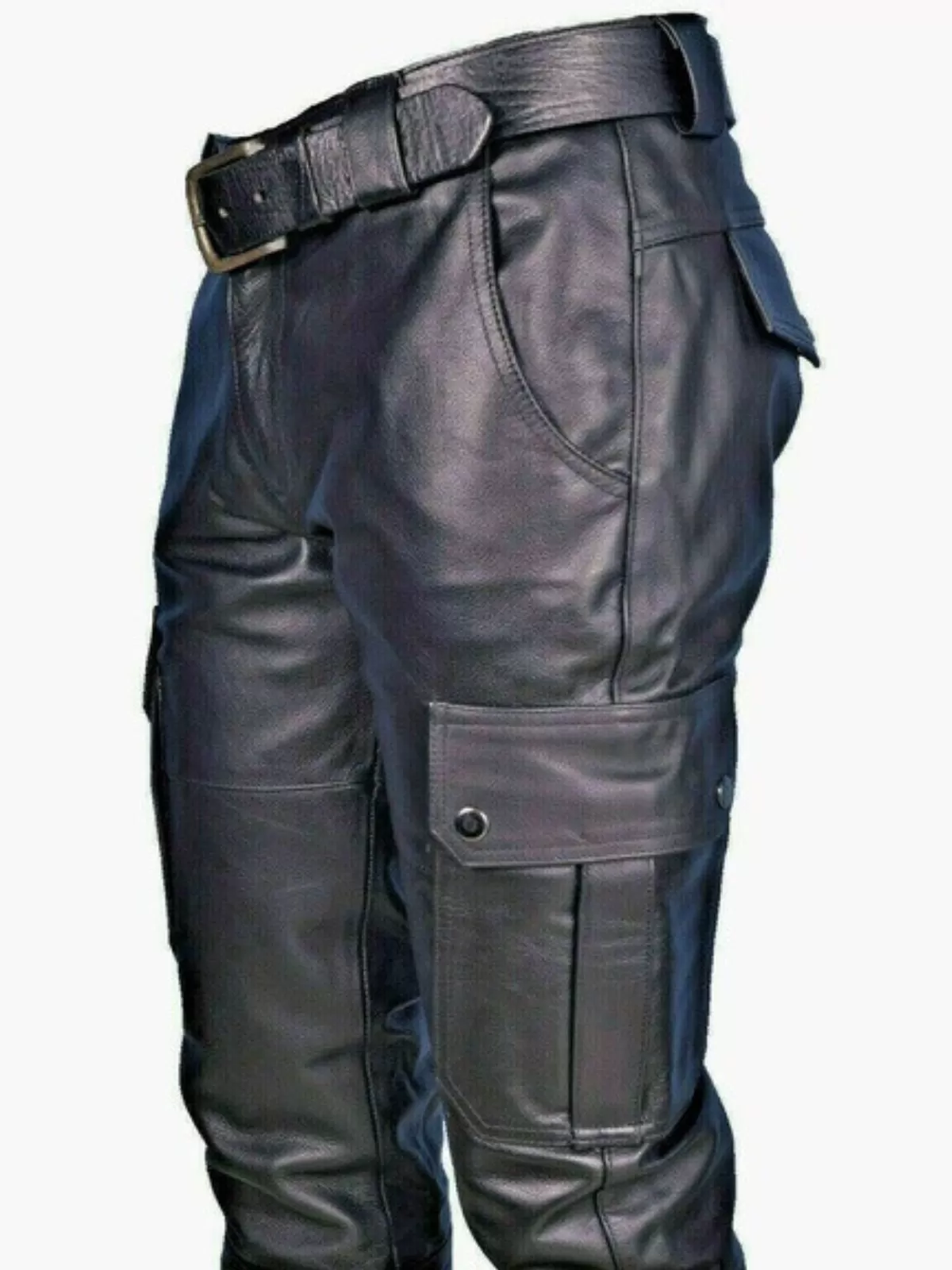 Men's Cargo Pants Solid Pocket Medium Rise Pu Leather Trousers, 4 of 4