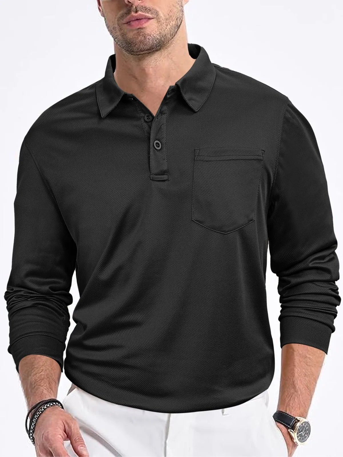Men's Long-Sleeve Polo Shirt Solid Button Lapel Drop Shoulder Sweatshirt, 1 of 5
