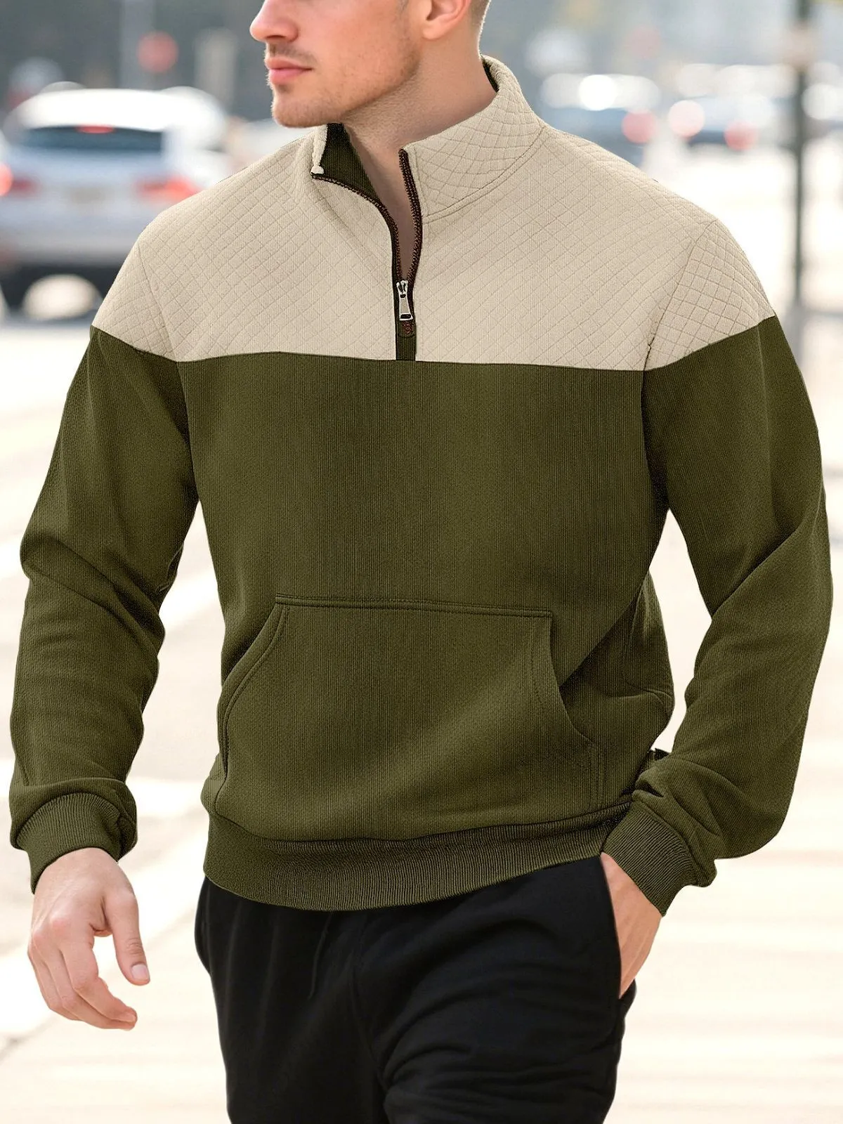 Men's Sweatshirt Waffle Pullover Quarter Zip Standing Collar Plain Patchwork Color Block Sports & Outdoor Casual Daily, 1 of 5