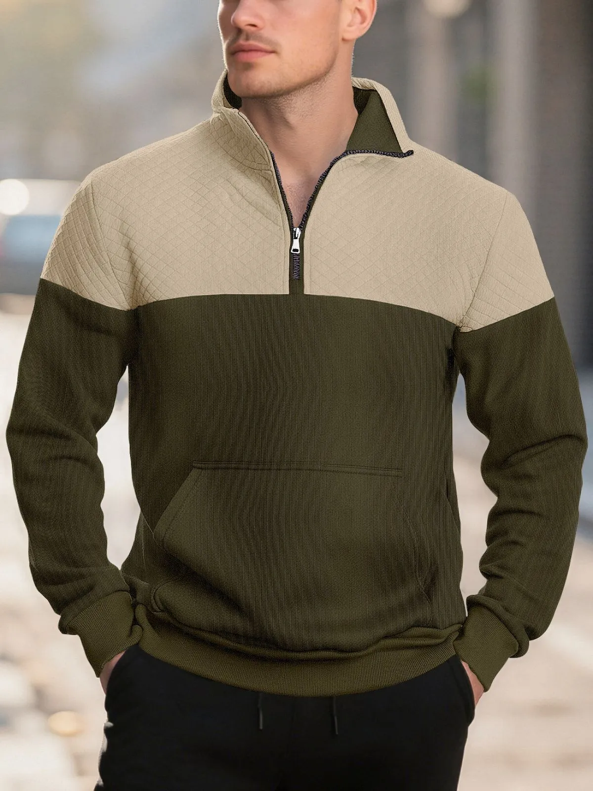 Men's Sweatshirt Waffle Pullover Quarter Zip Standing Collar Plain Patchwork Color Block Sports & Outdoor Casual Daily, 3 of 5