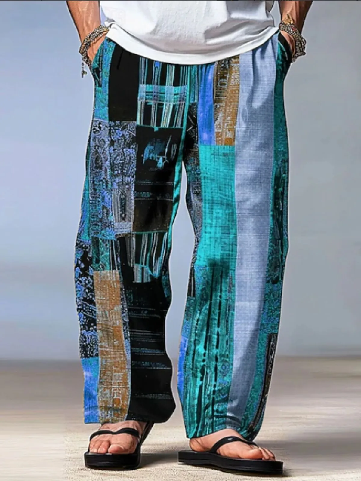 Men's Color Block Patchwork Pants Trousers Mid Waist Drawstring Elastic Waist Casual Outdoor Party, 1 of 1