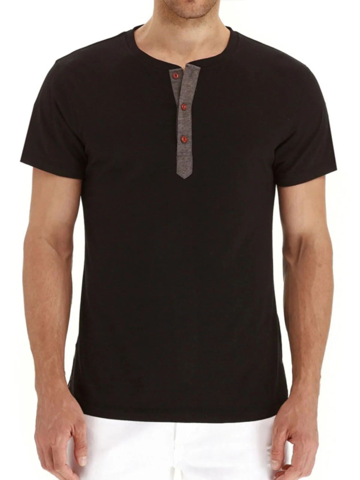 Men's T-shirts Summer Henley Patchwork Solid Button Short Sleeve Casual Tops, 3 of 3