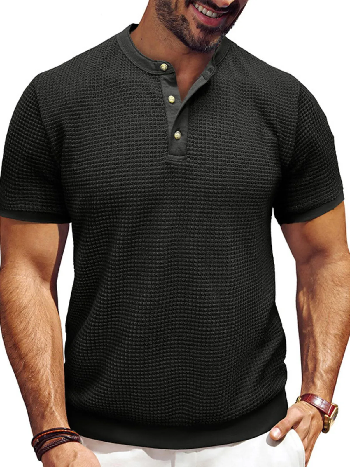 Men's T-shirts Waffle Henley Shirt Short Sleeve Solid Color Fashion Designer Casual Buttons Color Block Outdoor Daily Summer T-Shirt, 1 of 3