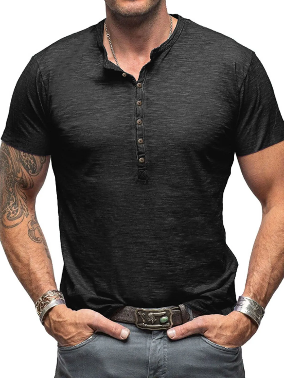 Men's T-shirts Button Henley Shirt Tee Short Sleeve Spring & Summer Plain Fashion Designer Basic Vacation Street Going out Tops, 1 of 3