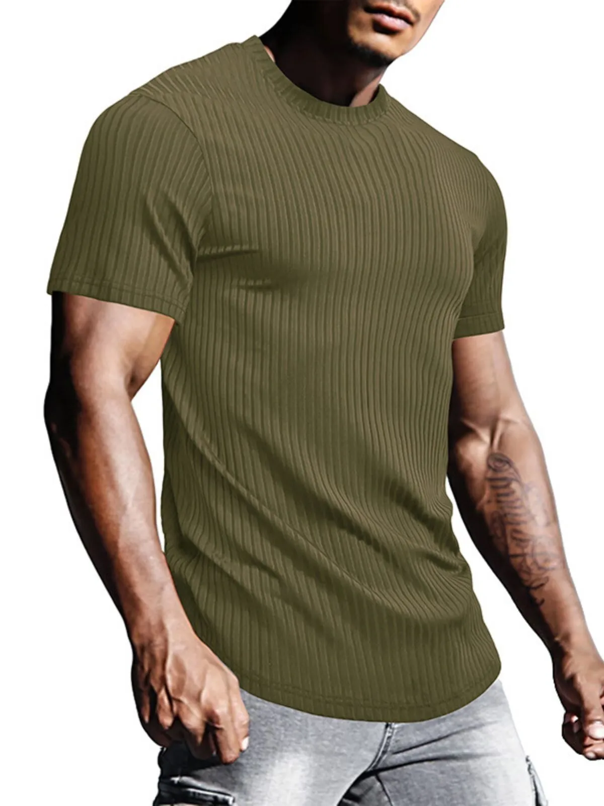 Men's T-shirts Muscle Shirts Short Sleeve Casual Slim Fit Workout Striped Curved Hem Light Weight Elastic Tops, 1 of 4