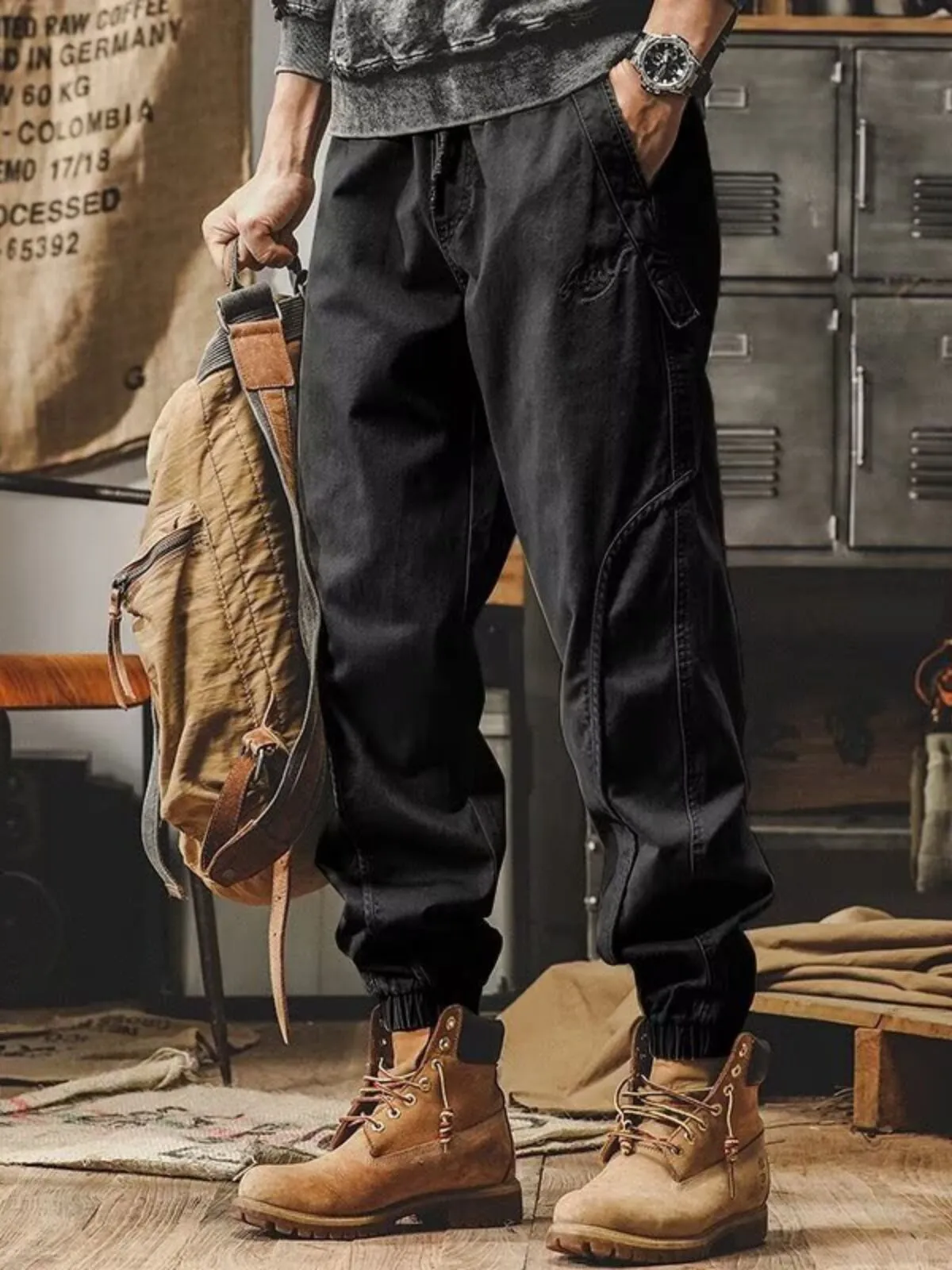 Men's Cargo Pants Hiking Outdoor Autumn Vintage Patchwork Straight Trousers Tie Feet Baggy Pants, 1 of 1