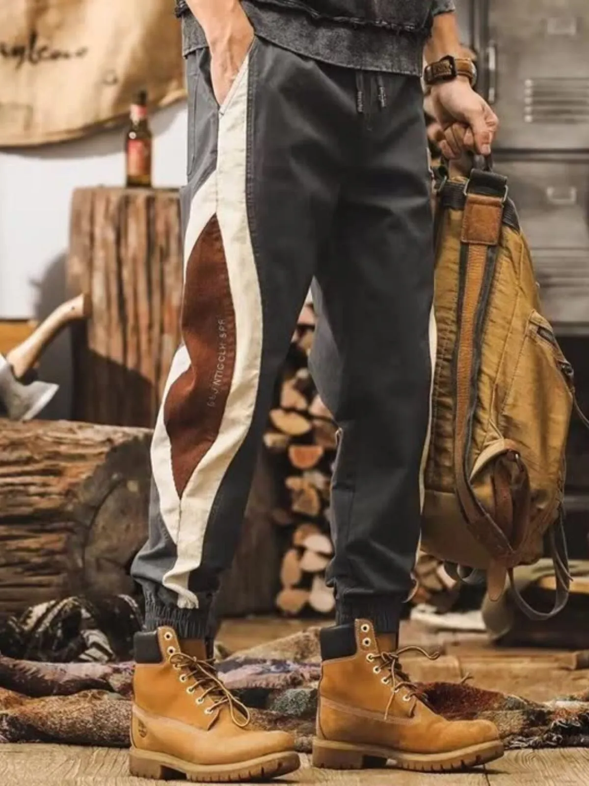 Men's Cargo Pants Drawstring Waist Color Block Panel Tapered Pants, 1 of 3