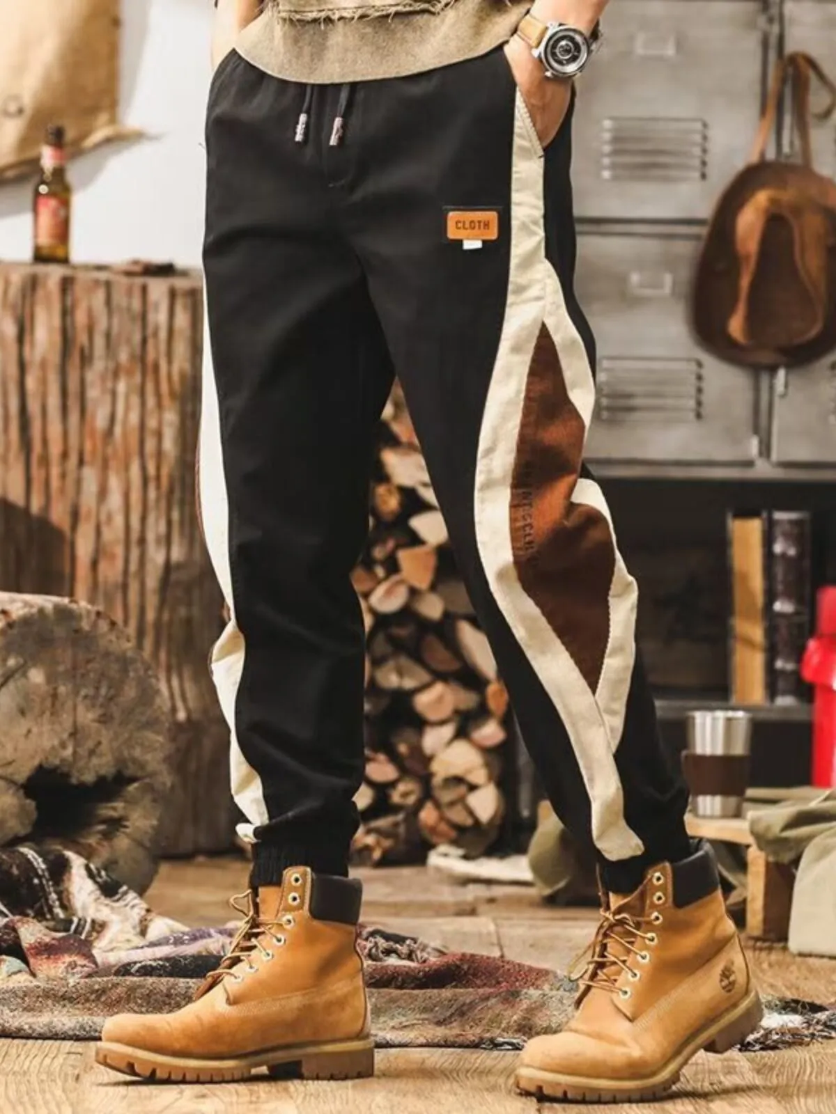 Men's Cargo Pants Drawstring Waist Color Block Panel Tapered Pants, 2 of 3