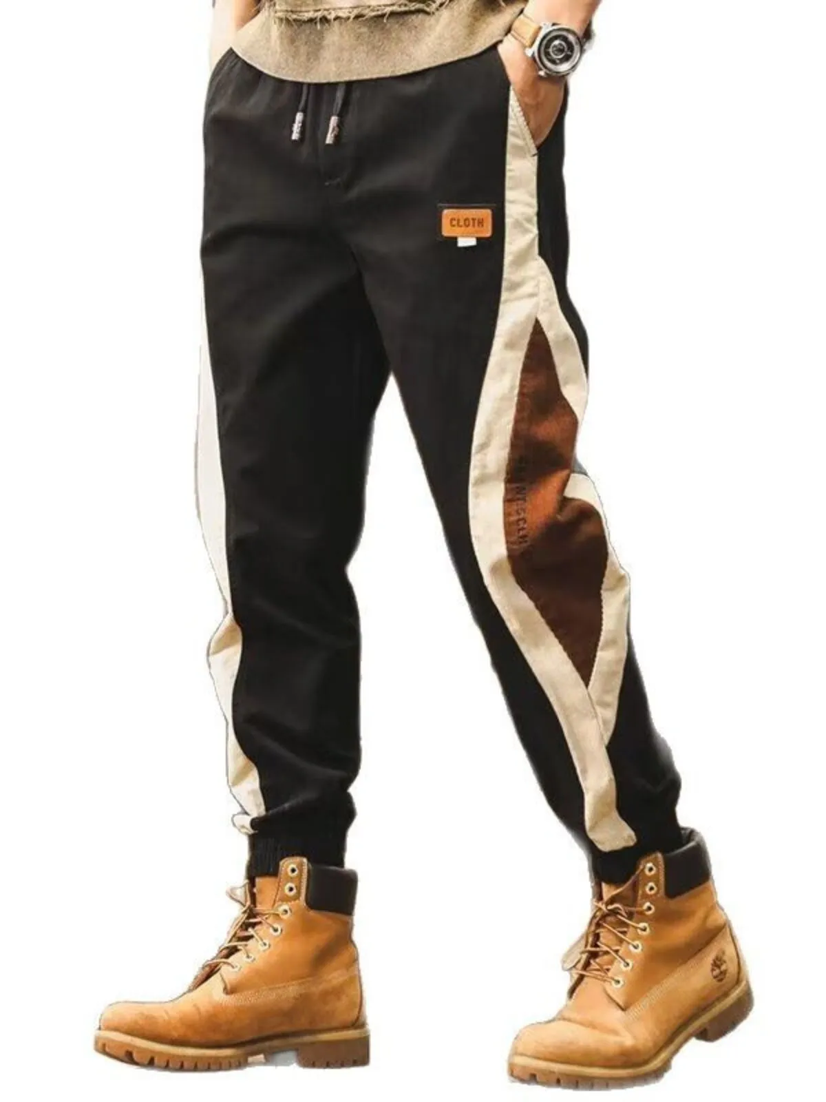 Men's Cargo Pants Drawstring Waist Color Block Panel Tapered Pants, 3 of 3