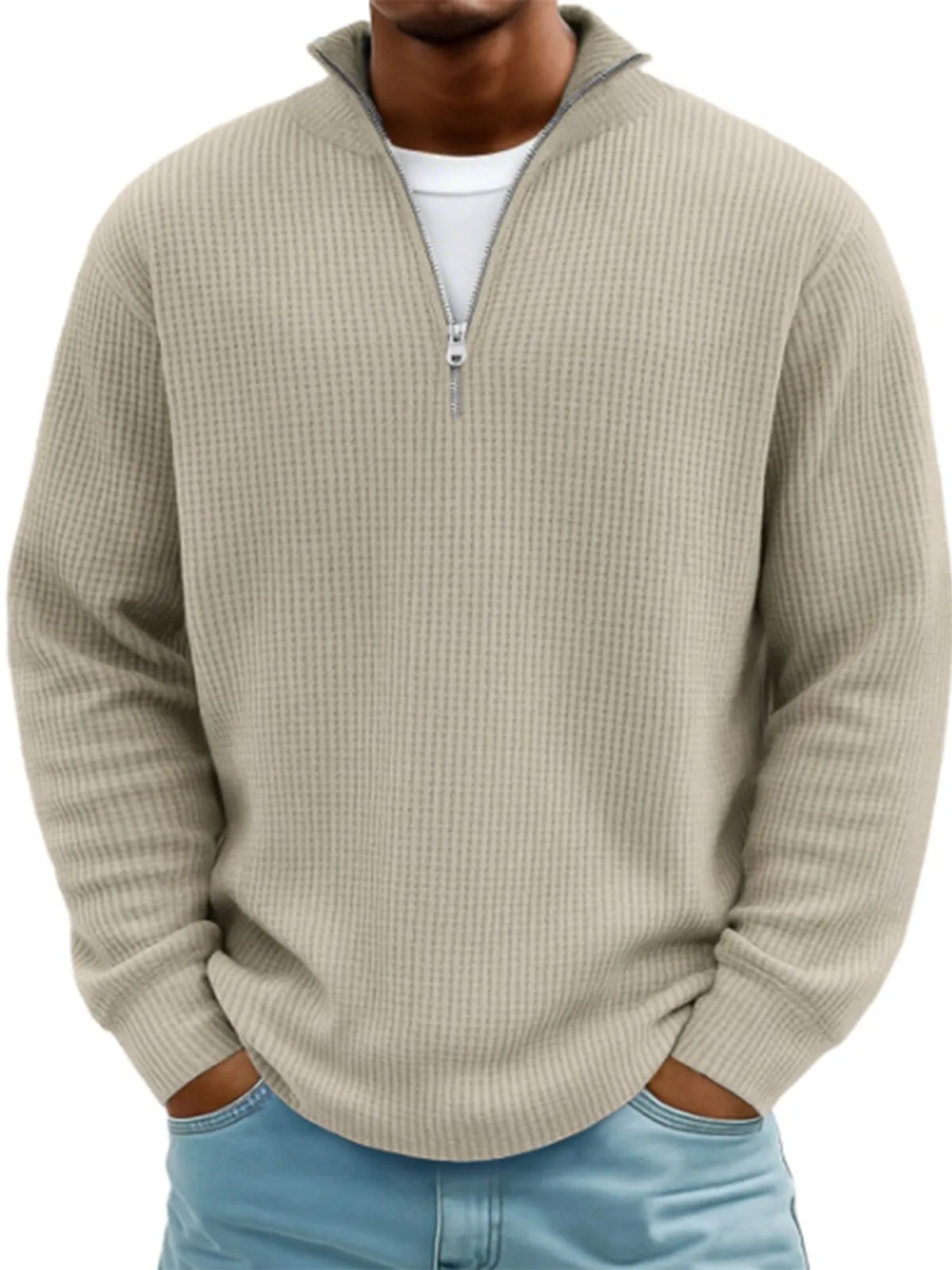 Men's Solid Sweatshirt with Zipper & Drop Shoulders Cozy and Stylish Top for Fall, 1 of 1