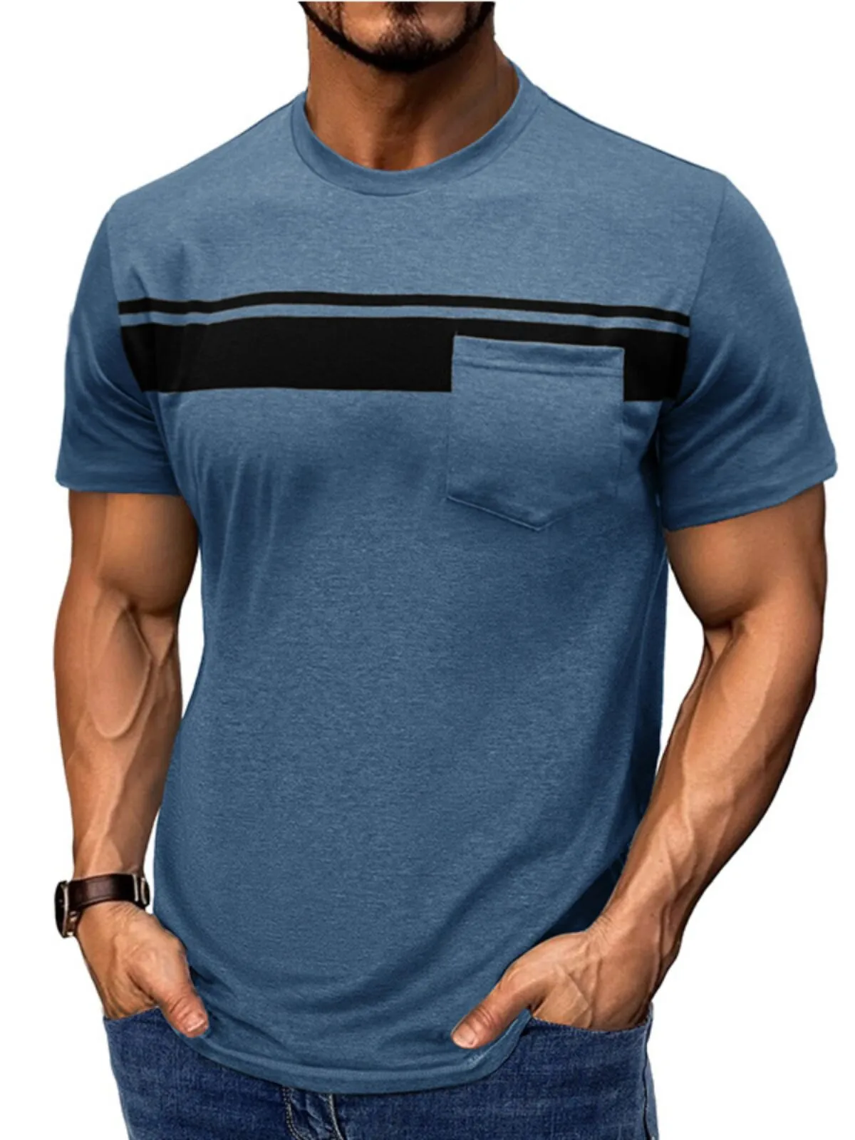 Men's T-shirts Casual Color Block Slim Fit Crew Neck Short Sleeve Tee Shirts Summer Basic Top Comfortable Daily, 1 of 3