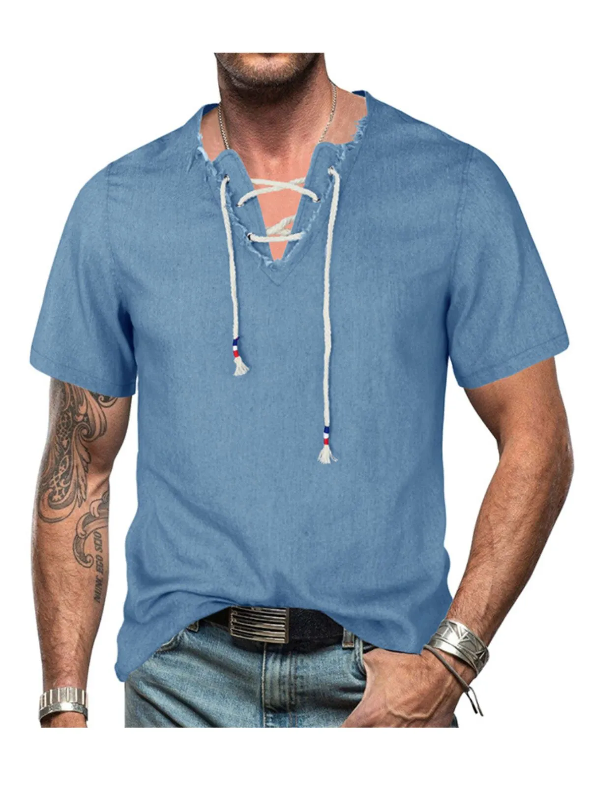 Men's T-Shirt Chambray Shirt Calico Summer Navy Blue Short Sleeve Solid Color Casual Daily Drawstring Clothing Apparel Fashion Casual, 1 of 4