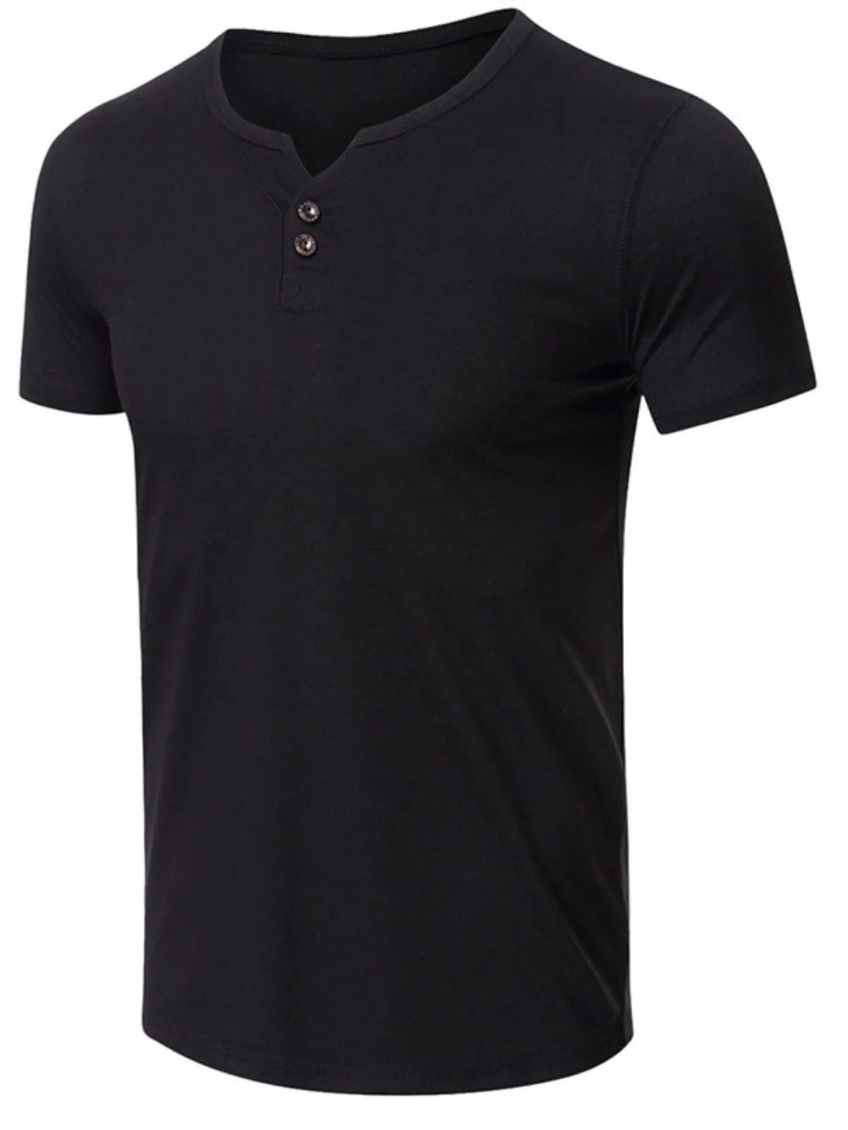 Men's T-Shirt Collarless Summer Basic V-Neck Slim Fit Button Placket Plain Modern Wicking Short Sleeve Casual Tops, 1 of 3