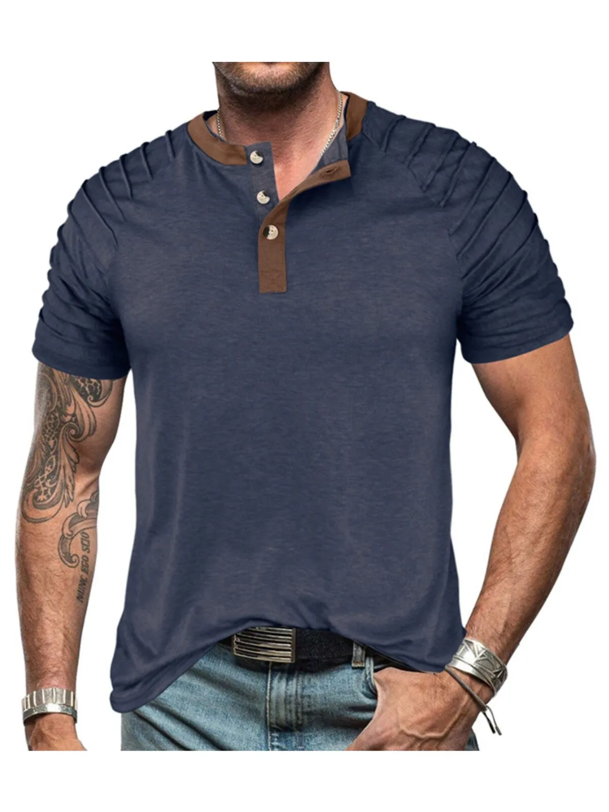 Men's T-Shirt Outdoor Sports Fashion New ColorBlock Short Sleeve 3 Button Henley Neck Casual T Shirt, 1 of 4