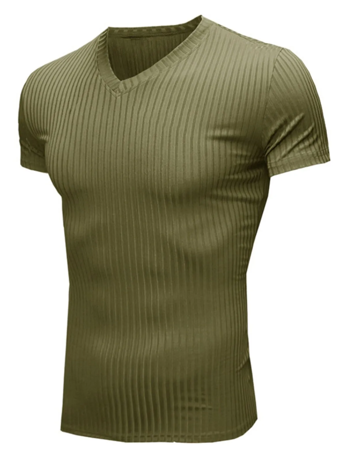 Men's T-Shirt Muscle Shirts Stretch Short Sleeve V Neck Bodybuilding Workout  Ribbed Knit Tops, 1 of 3