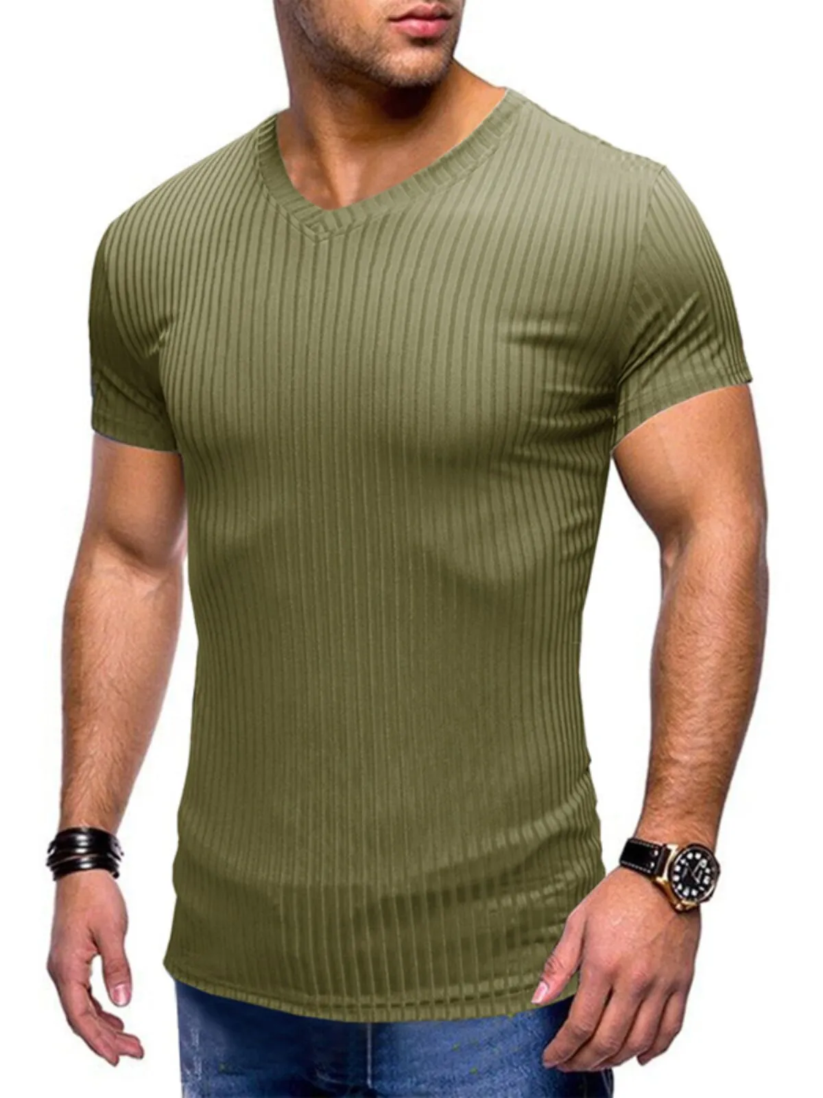 Men's T-Shirt Muscle Shirts Stretch Short Sleeve V Neck Bodybuilding Workout  Ribbed Knit Tops, 3 of 3