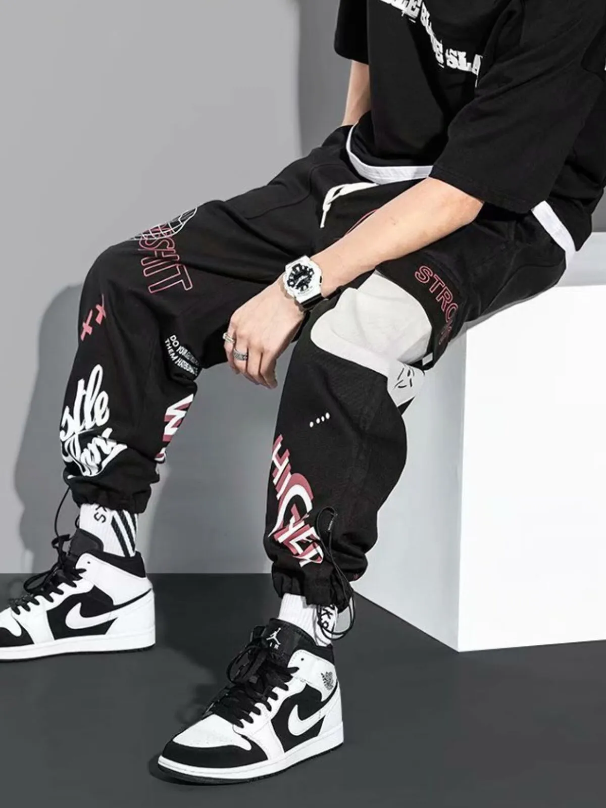 Men's cargo pants Hip-hop Letter Harem Street Style Pants, 4 of 5