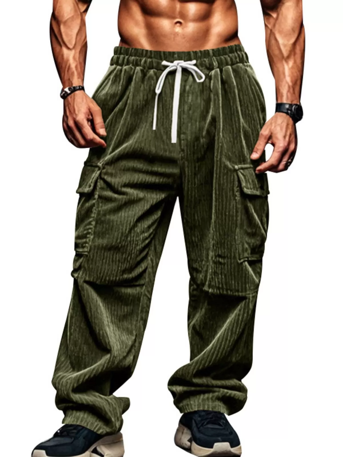 Men's Cargo Pants Gym Workout Corduroy Wide Leg Baggy Casual Drawstring Joggers, 1 of 5