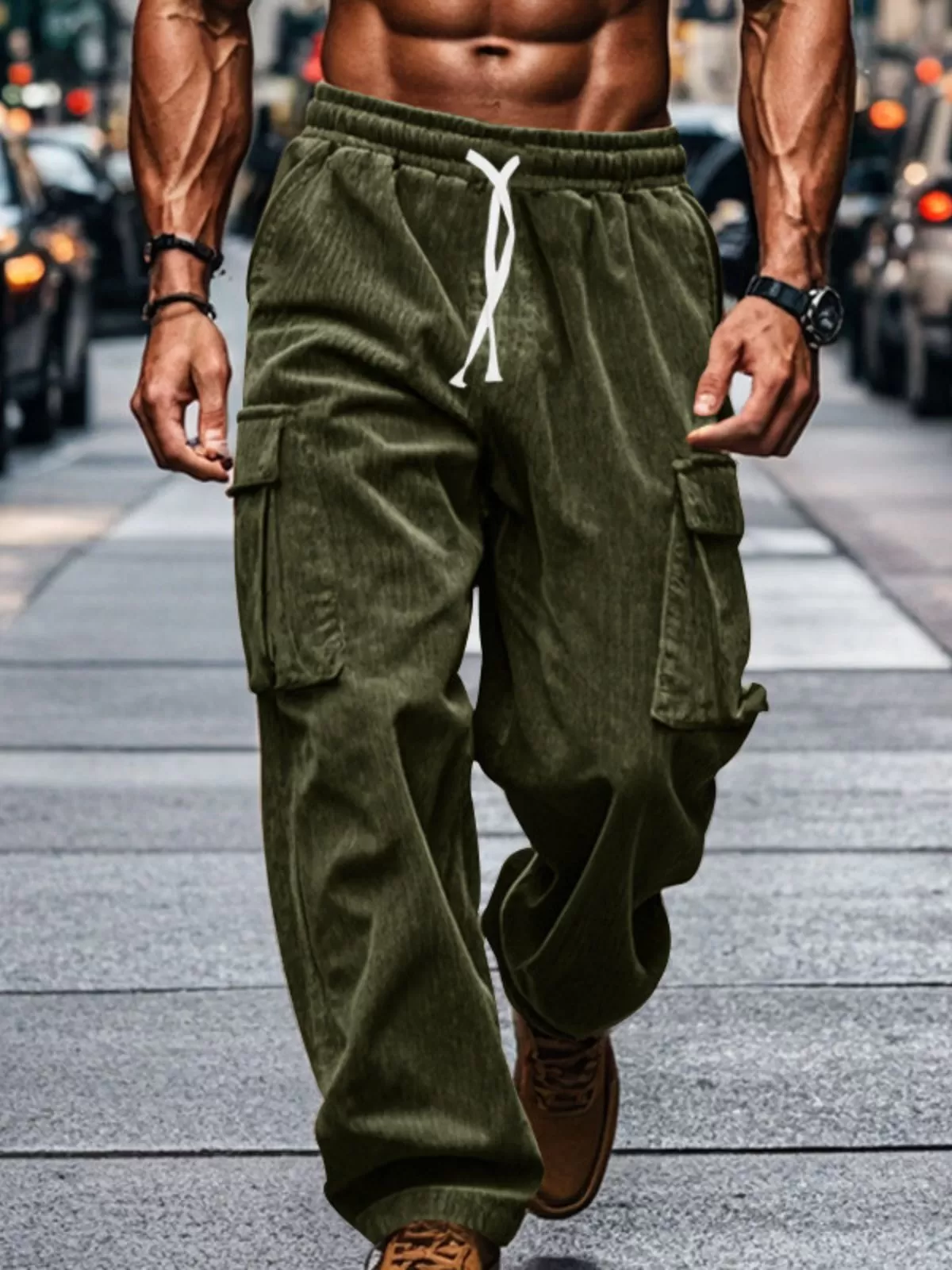 Men's Cargo Pants Gym Workout Corduroy Wide Leg Baggy Casual Drawstring Joggers, 2 of 5