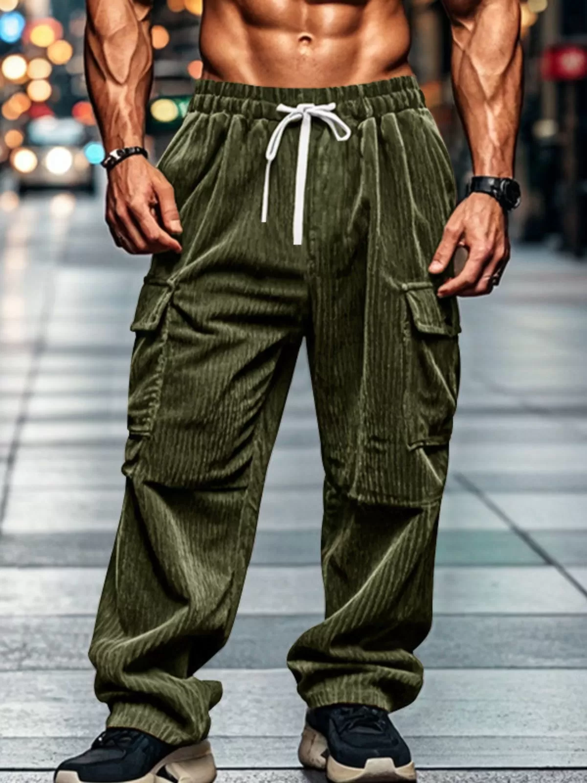 Men's Cargo Pants Gym Workout Corduroy Wide Leg Baggy Casual Drawstring Joggers, 5 of 5