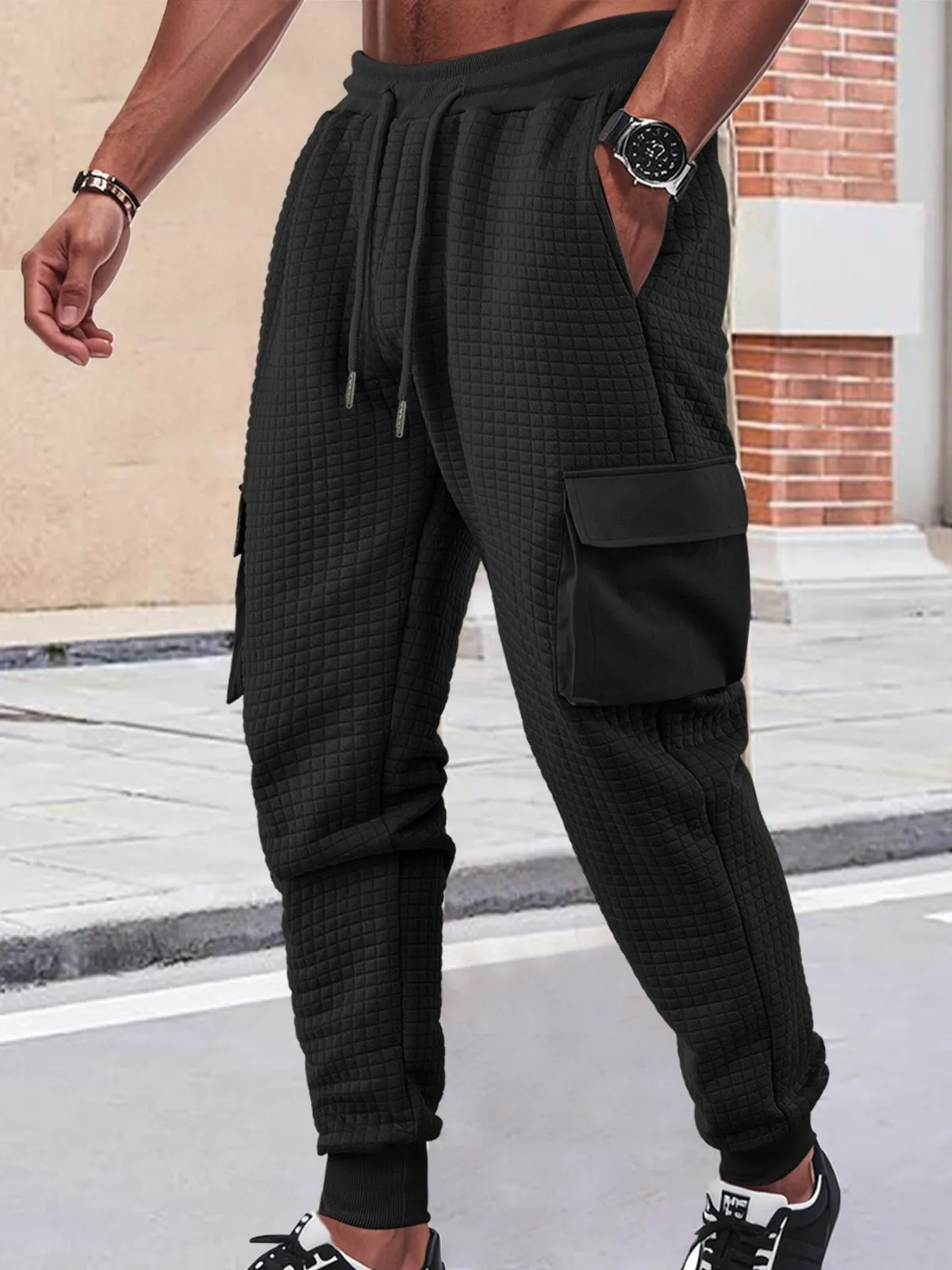 Men's Cargo Pants Solid Drawstring Elastic Waist Multiple Pockets Loose Comfy Wide Leg Bound Feet Trouser, 1 of 3