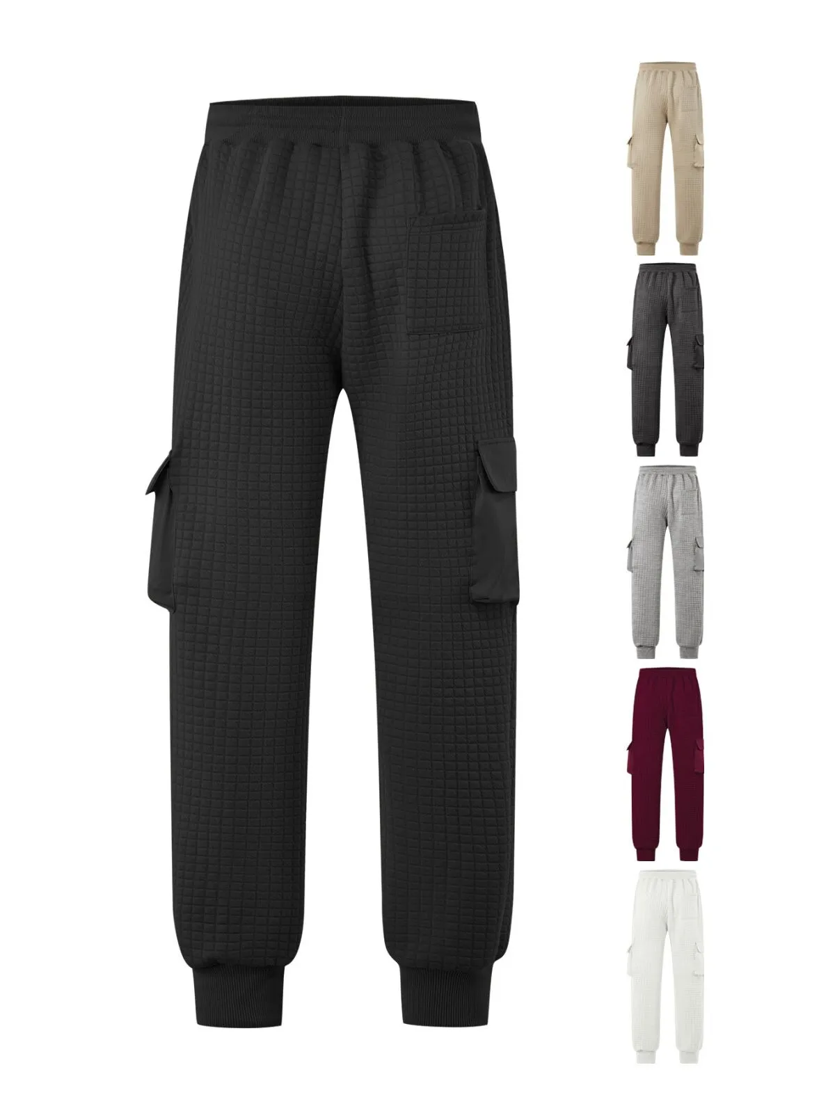 Men's Cargo Pants Solid Drawstring Elastic Waist Multiple Pockets Loose Comfy Wide Leg Bound Feet Trouser, 3 of 3