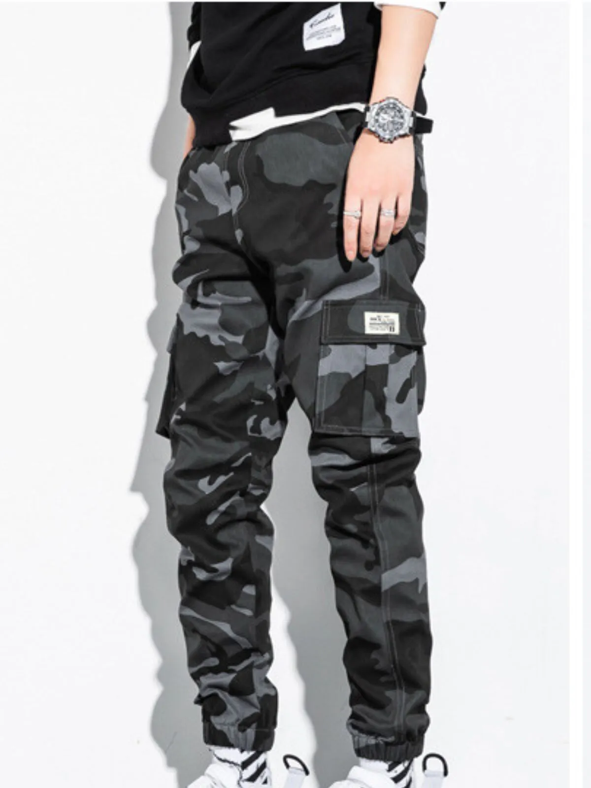 Men's Camo Cargo Pants Cotton Utility Tapered Joggers, Casual Loose Fit Trendy Full-Length Streetwear, 1 of 3