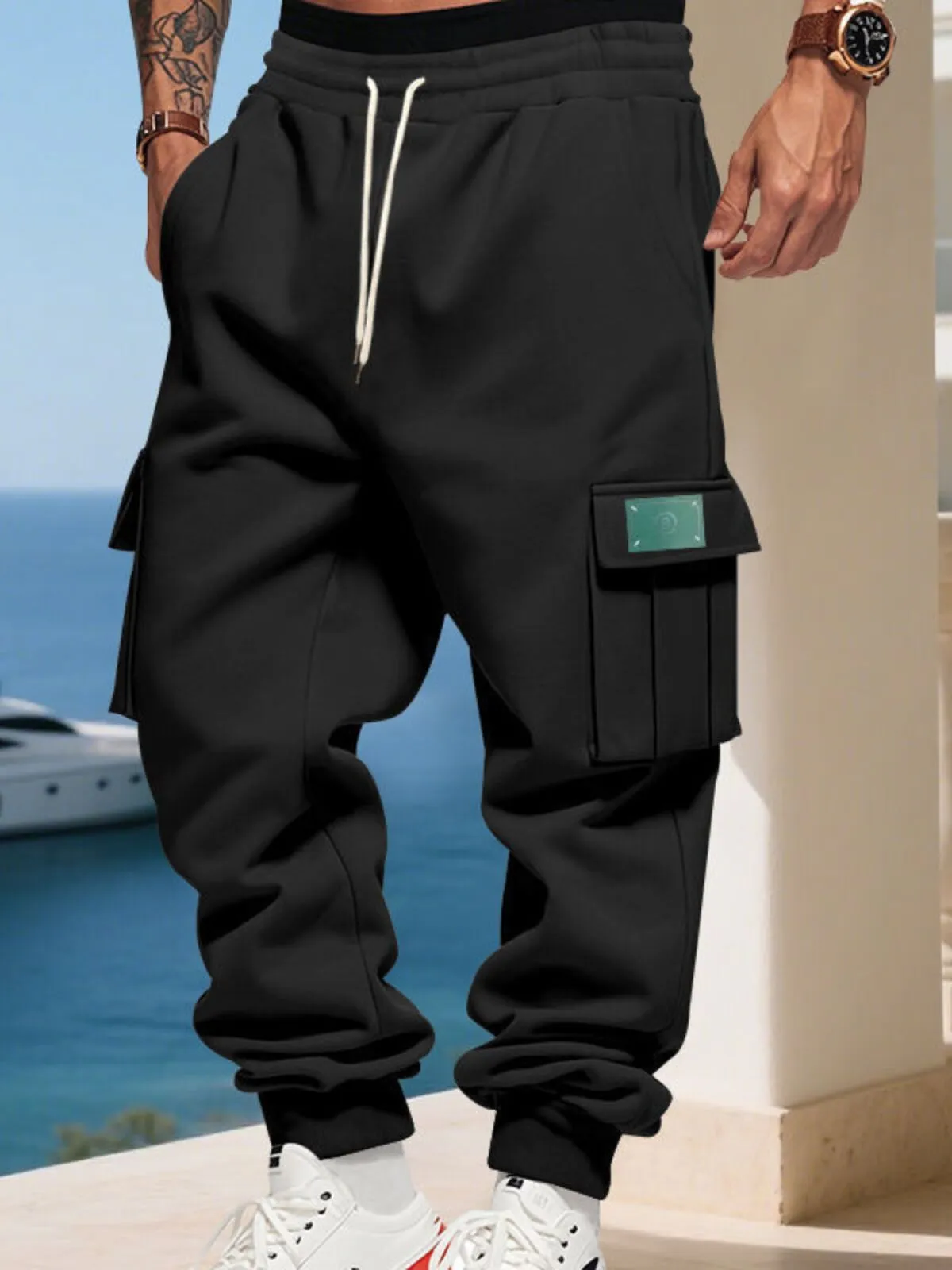 Men's Cargo Pants Lace-up Pocket Elastic Waist Comfort Warm Outdoor Sports Pants, 3 of 5