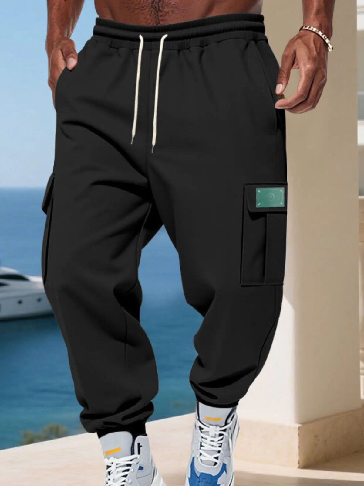 Men's Cargo Pants Lace-up Pocket Elastic Waist Comfort Warm Outdoor Sports Pants, 4 of 5