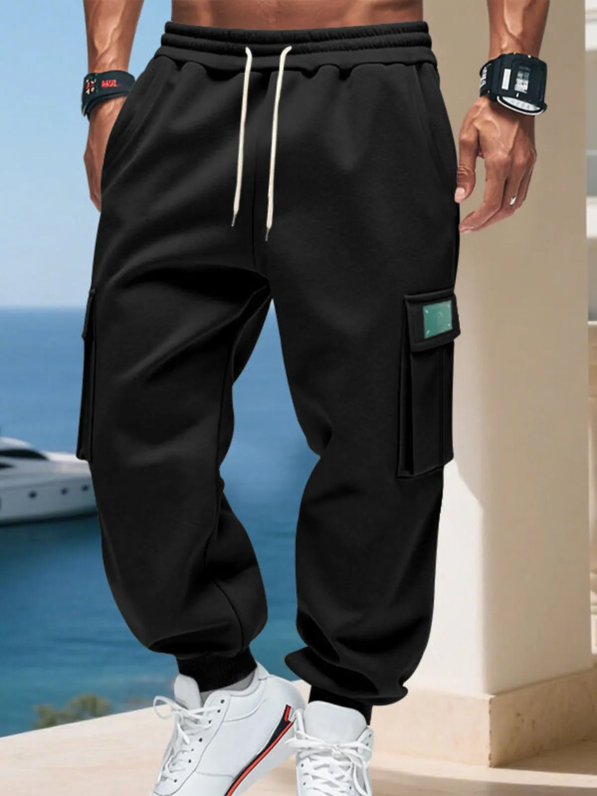 Men's Cargo Pants Lace-up Pocket Elastic Waist Comfort Warm Outdoor Sports Pants, 5 of 5