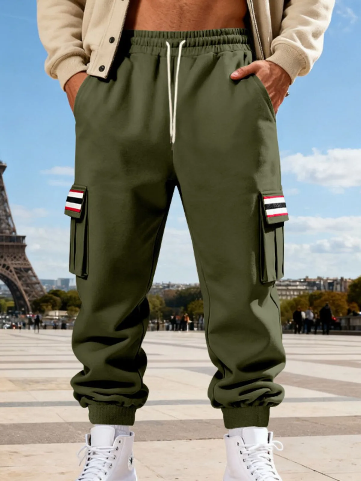 Men's Cargo Pants Lace-up Pocket Elastic Waist Patchwork Comfort Warm Outdoor Sports Pants, 1 of 7