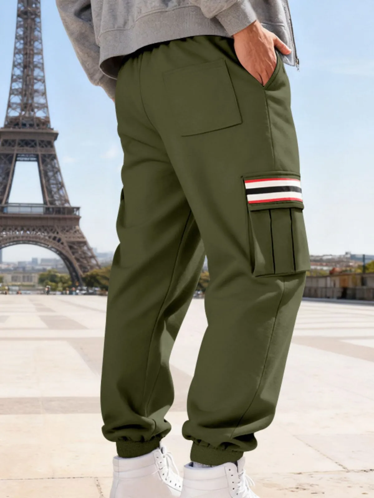 Men's Cargo Pants Lace-up Pocket Elastic Waist Patchwork Comfort Warm Outdoor Sports Pants, 2 of 7