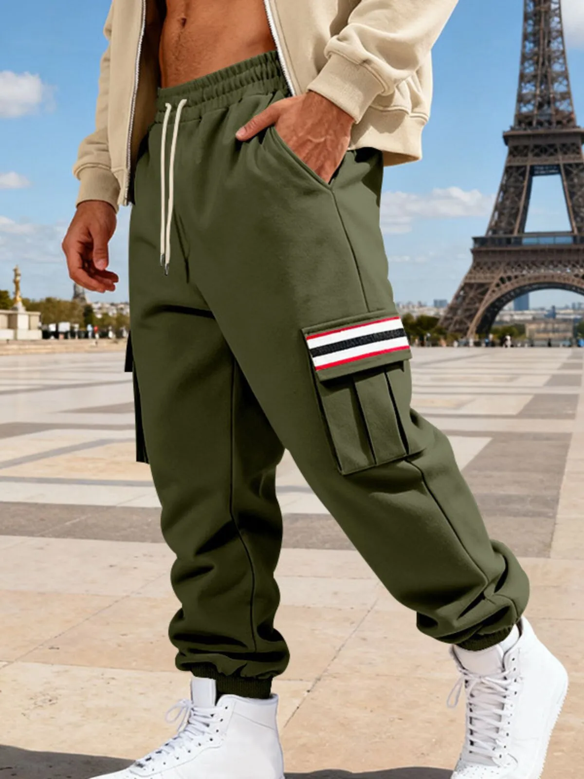 Men's Cargo Pants Lace-up Pocket Elastic Waist Patchwork Comfort Warm Outdoor Sports Pants, 5 of 7