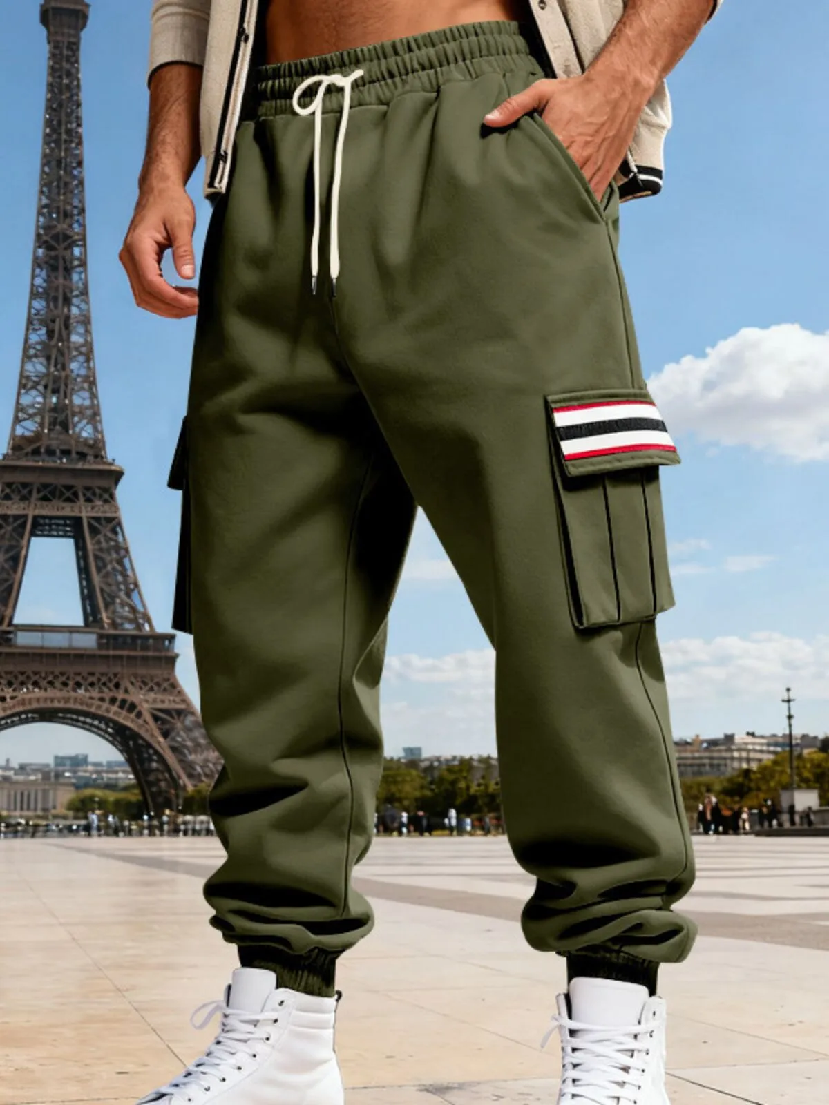 Men's Cargo Pants Lace-up Pocket Elastic Waist Patchwork Comfort Warm Outdoor Sports Pants, 6 of 7
