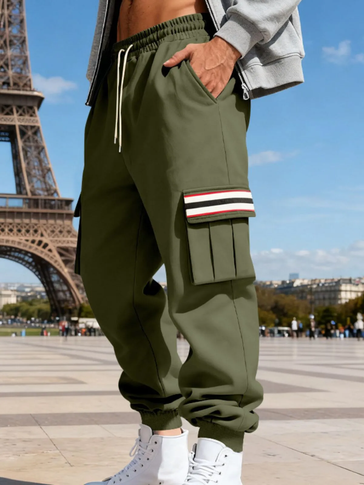 Men's Cargo Pants Lace-up Pocket Elastic Waist Patchwork Comfort Warm Outdoor Sports Pants, 7 of 7