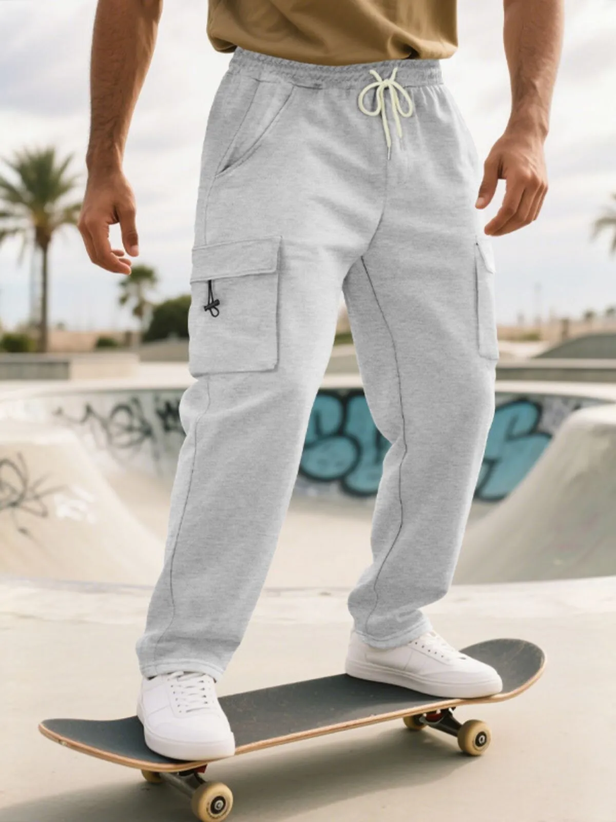 Men's Cargo Sweatpants Drawstring Pocket Elastic Waist Plain Comfort Outdoor Sports Pants, 1 of 5