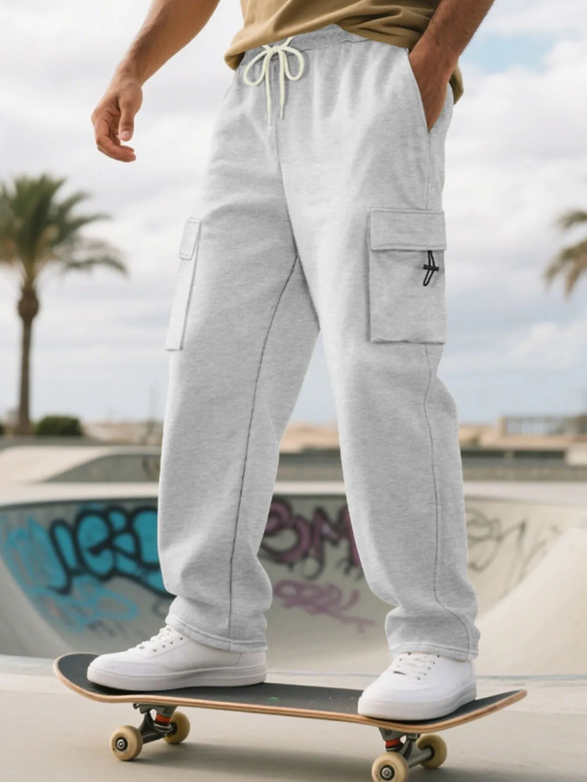 Men's Cargo Sweatpants Drawstring Pocket Elastic Waist Plain Comfort Outdoor Sports Pants, 3 of 5