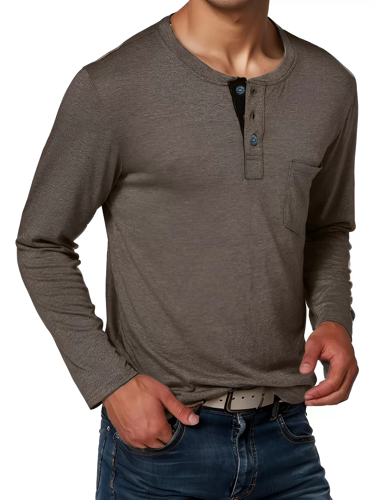 Solid Button Round Neck Long Sleeve Henley Shirt, 3 of 6