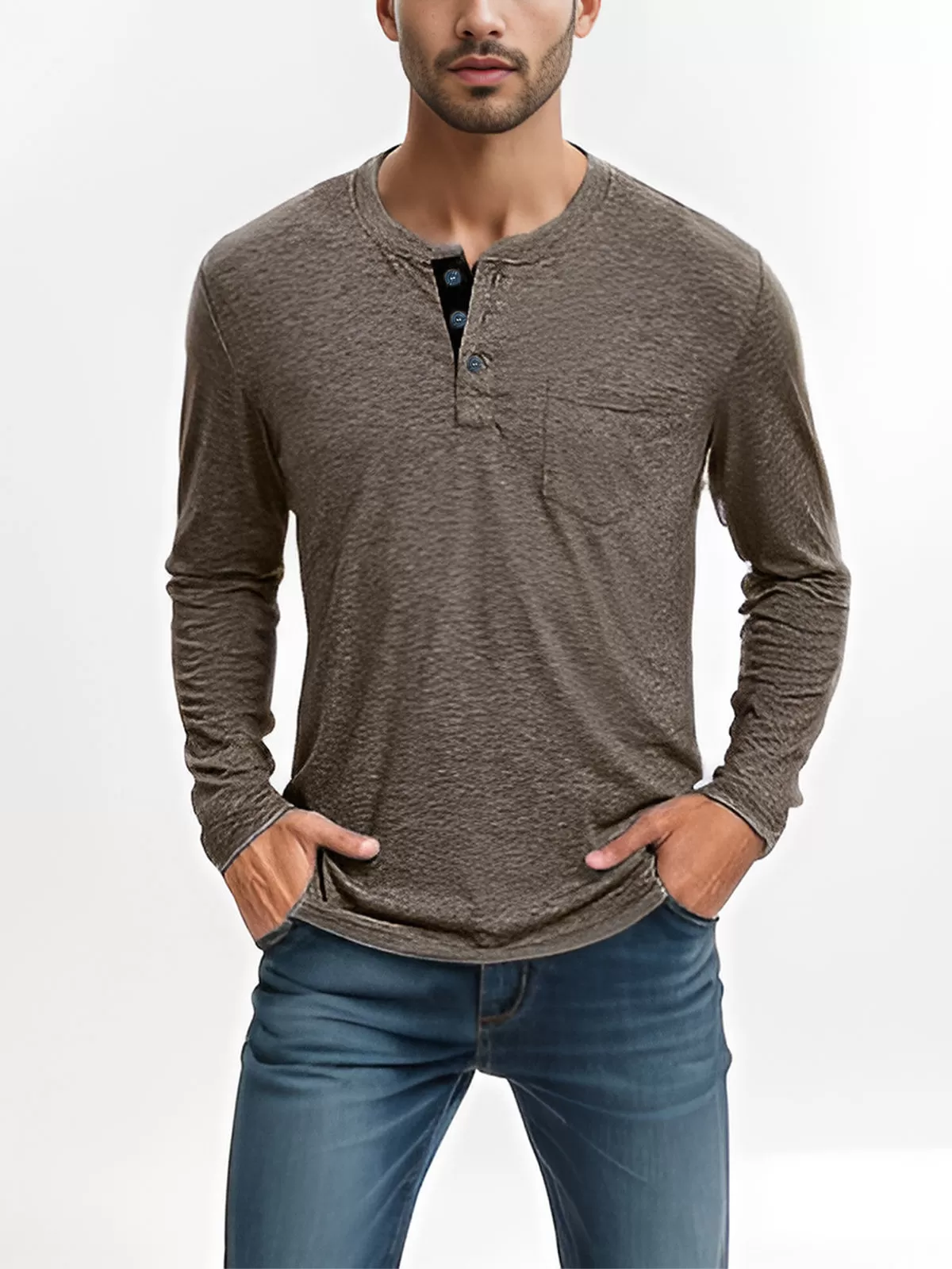Solid Button Round Neck Long Sleeve Henley Shirt, 4 of 6