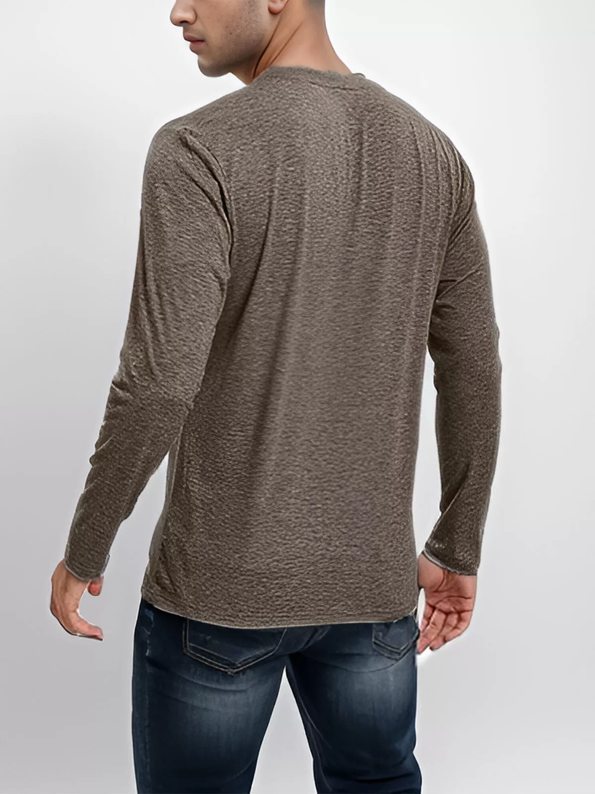Solid Button Round Neck Long Sleeve Henley Shirt, 5 of 6